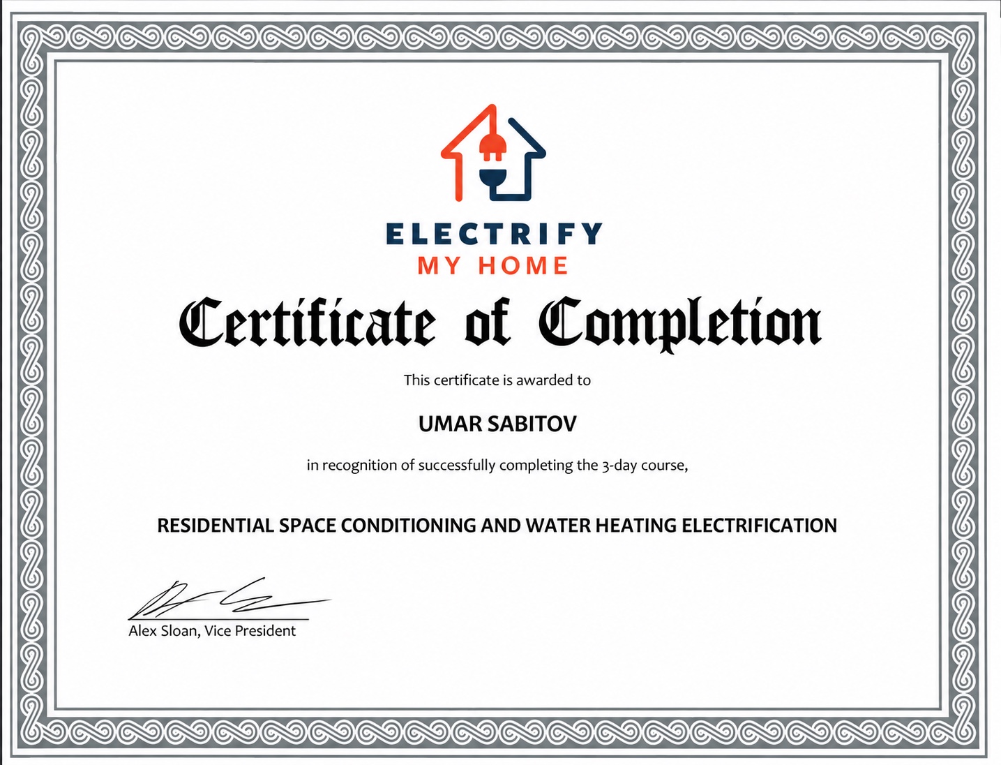 Certificate of Completion: Residential Space Conditioning and Water Heating Electrification, Electrify My Home, Umar Sabitov