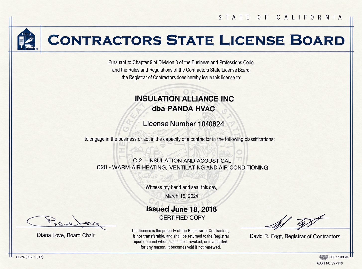 State of California Contractors State License Board license 1040824, Panda HVAC (Insulation Alliance Inc dba Panda HVAC), classifications C-2 and C20